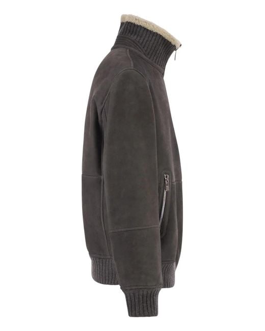 Brunello Cucinelli Black Shearling Jacket Featuring A Ribbed High Neck And Front Zip Fastening for men