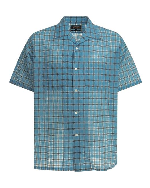 Beams Plus Blue "Open Collar Nylon Airy Plaid" Casual Shirt for men