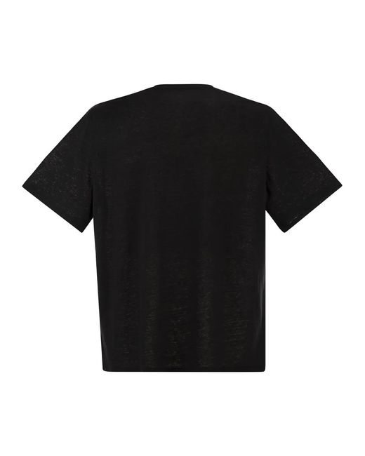 Majestic Black Stretch Linen T-Shirt With Round Neckline for men