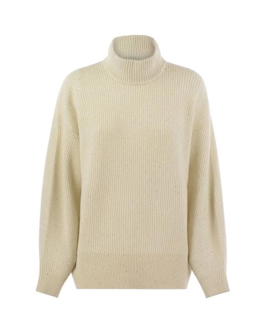 Brunello Cucinelli Natural Wool And Cashmere Rib Sweater With Sequins