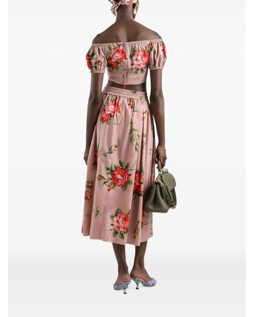 Dolce & Gabbana Red Dolce & Gabbana Rose Bouquet-Print Cotton Pleated Skirt