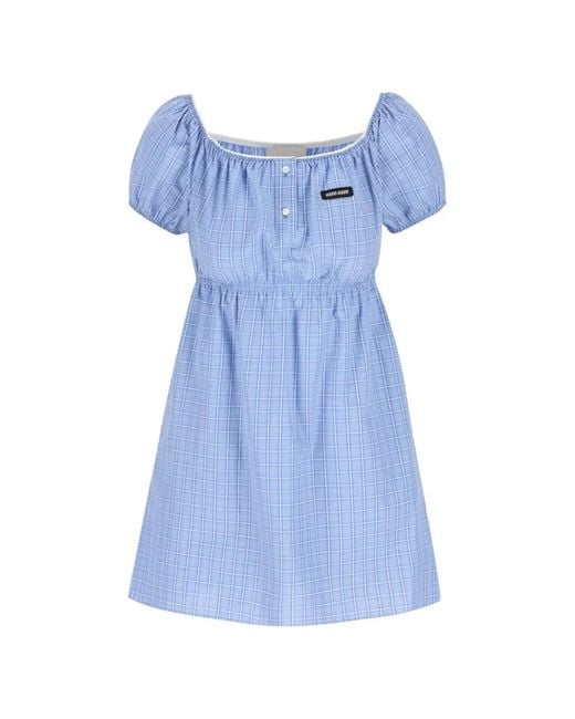 Miu Miu Blue Plaid-Pattern Popeline Mini Dress