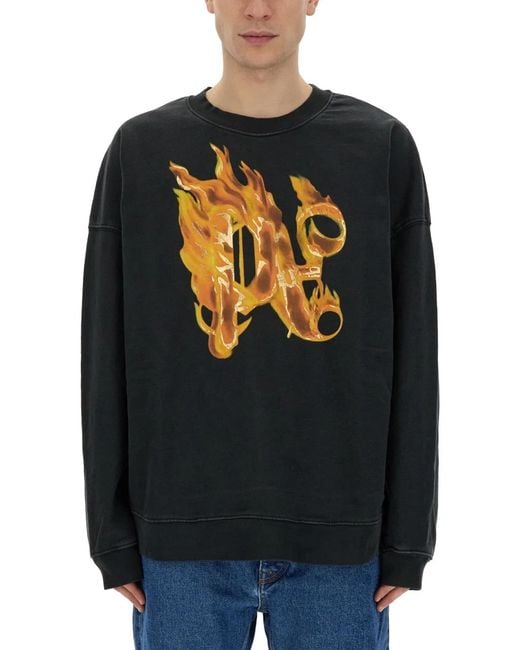 Palm Angels Black Burning Monogram Print Sweatshirt for men
