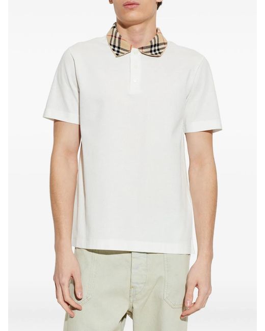 Burberry White Check-Collar Polo Shirt for men