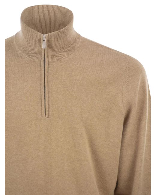 Brunello Cucinelli Brown Cashmere Turtleneck Sweater With Zipper for men