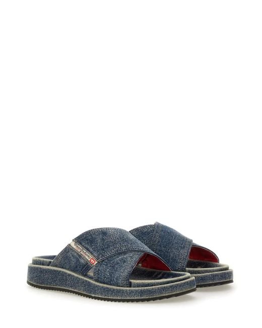 DIESEL Blue Denim Slides With Criss Cross Straps