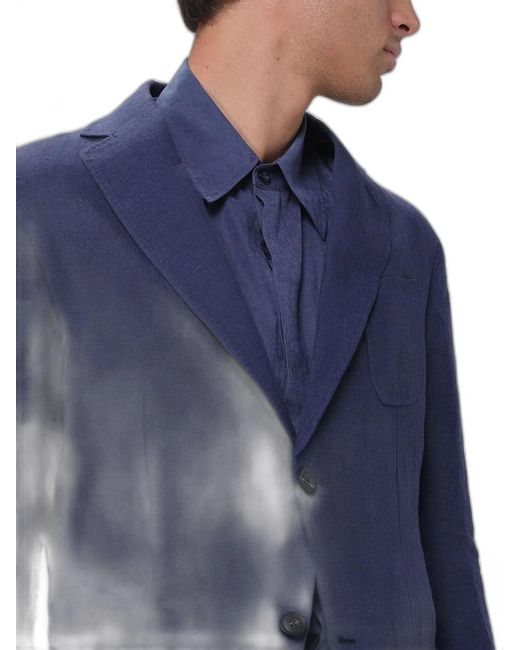 Emporio Armani Blue Linen Notched Lapel Blazer for men
