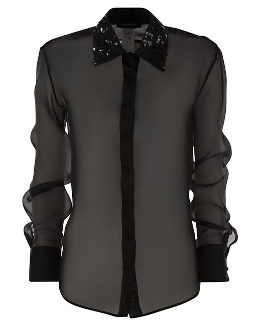 Fabiana Filippi Black Long Organza Shirt With Sequin Embroidery