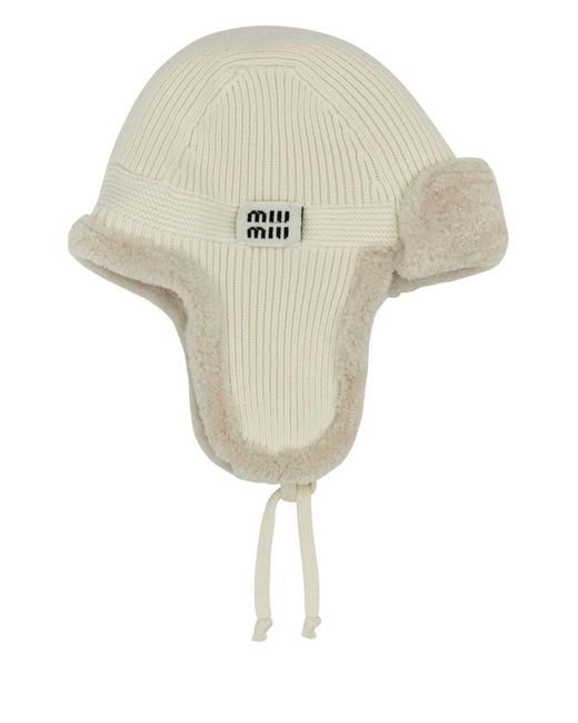 Miu Miu Natural Miu Mini Wool & Cashmere Aviator Hat With Shearling Lining