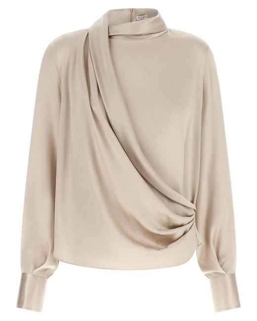 Brunello Cucinelli Natural Asymmetric Draped Blouse