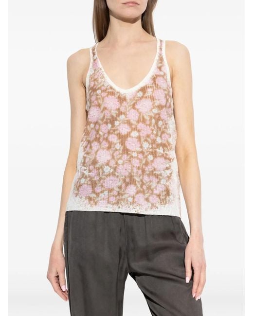 DIESEL Pink Floral V-Neck Linen Top