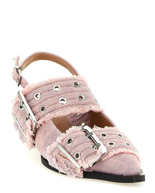 Ganni Pink 'Feminine Buckle Fringed Denim' Slingback