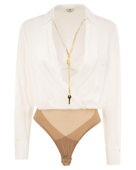 Elisabetta Franchi Natural Voile Shirt Bodysuit With Jewel Necklace
