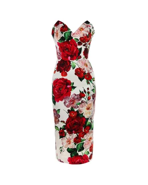 Dolce & Gabbana Red Strapless Floral-Print Satin Bustier Midi Dress