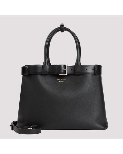 Prada Black Leather Buckle Large Handbag