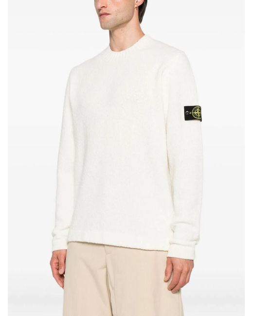 Stone Island White Ribbed Crewneck Sweater for men