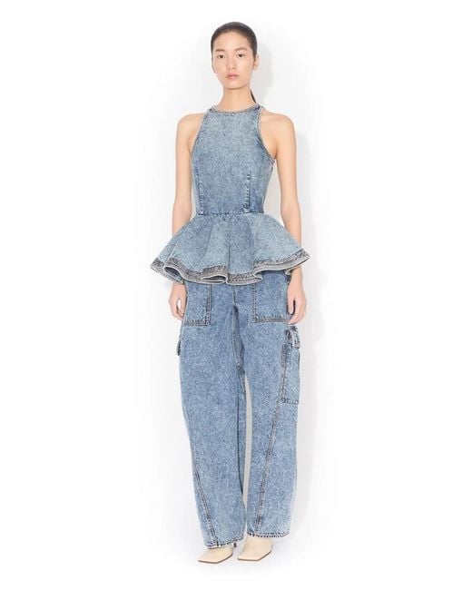 Alaïa Blue Alaia Peplum Denim Top With Ruffled Hem