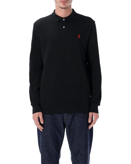 Polo Ralph Lauren Blue Long-Sleeve Cotton Piqué Polo Shirt Custom Slim-Fit for men