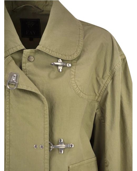 Fay Green Cropped Technical Cotton Jacket With Signature Hook Fastening