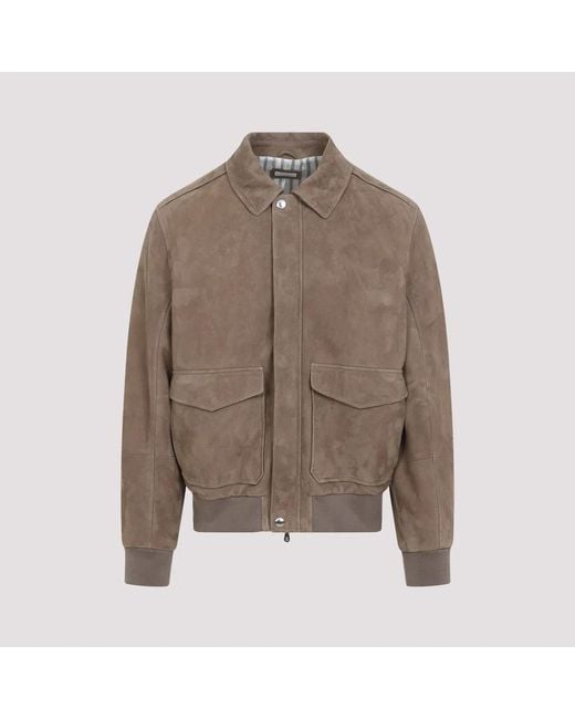 Brunello Cucinelli Brown Leather Bomber Jacket for men