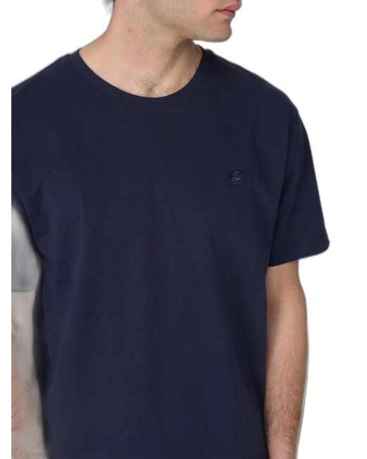 Etro Blue Pegaso Embroidery Cotton T-Shirt for men