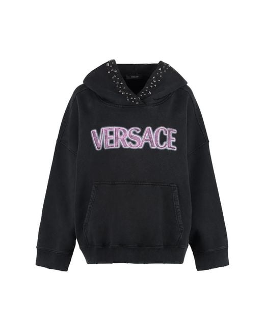 Versace Black Hoodie With Decorative Metal Studs And Vintage Effect