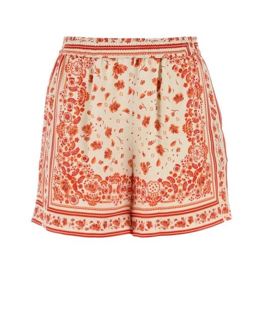 Fendi Orange Multicolour Printed Silk Shorts