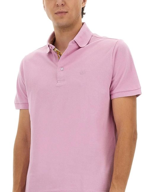 Etro Pink Cotton Polo Shirt With Pegasus for men