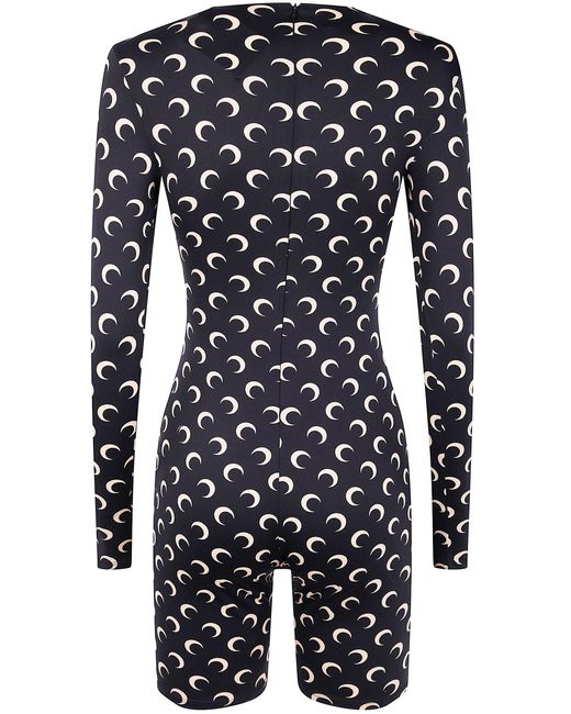 MARINE SERRE Black "Moon" Printed Jersey Long Sleeves Short Catsuit