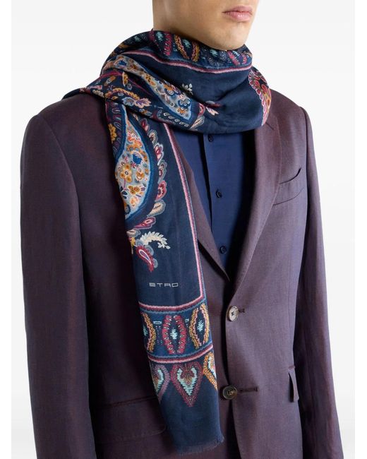 Etro Blue Dark Floral Print Paisley Scarf for men