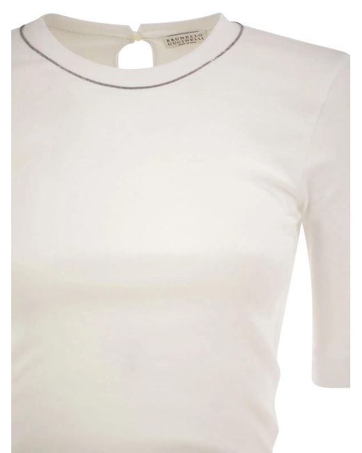 Brunello Cucinelli White Ribbed Stretch Cotton T-Shirt With Monili Trim