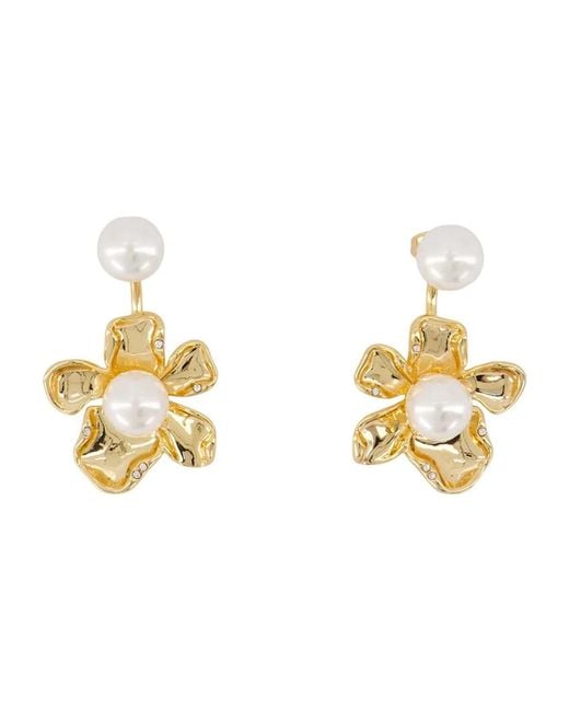 Self-Portrait Metallic Flower Pearl Jacket Earrings