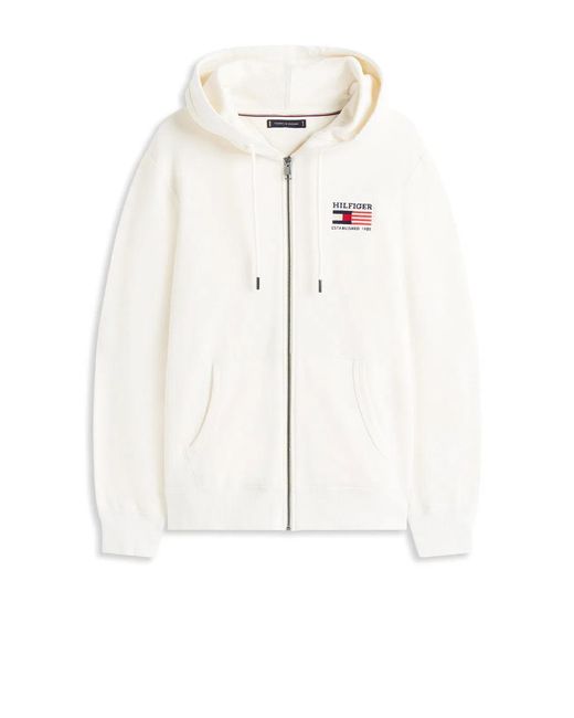 Tommy Hilfiger White Hoodie With Logo, Front Zip Closure for men