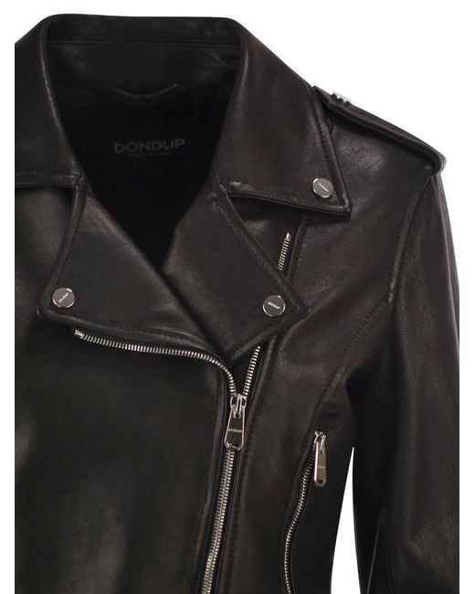 Dondup Black Lamb Leather Biker Jacket With Asymmetric Zip