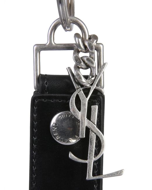 Saint Laurent Black Cassandre Leather Keychain for men