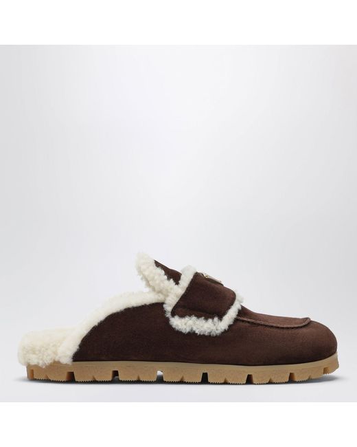 Prada Brown Suede And Shearling Clogs