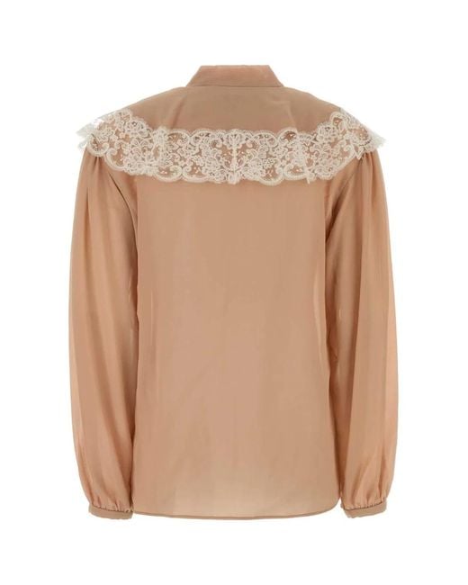 Chloé Natural Lace-Trim Tie-Neck Shirt