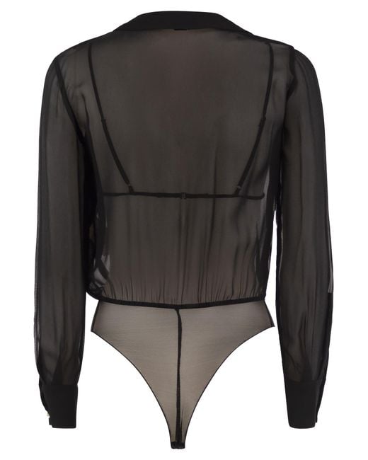 Elisabetta Franchi Black Voile Shirt Bodysuit With Jewel Necklace
