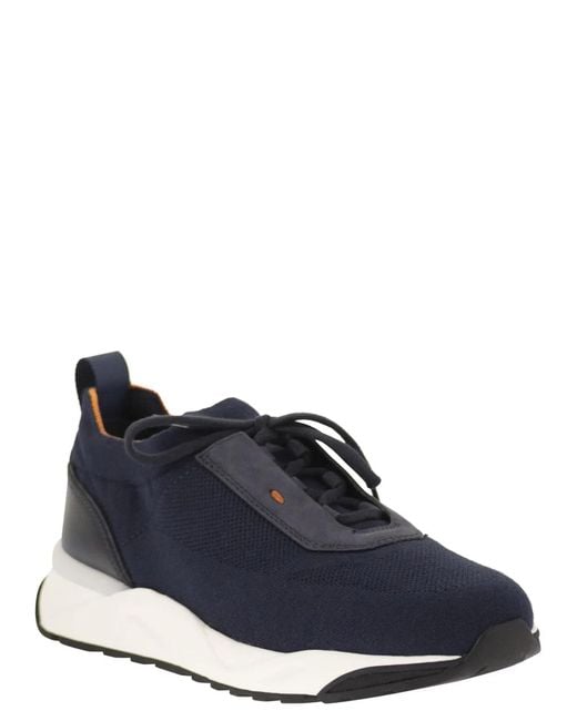 Santoni Blue Textile And Leather Trainers With Raised Sole for men