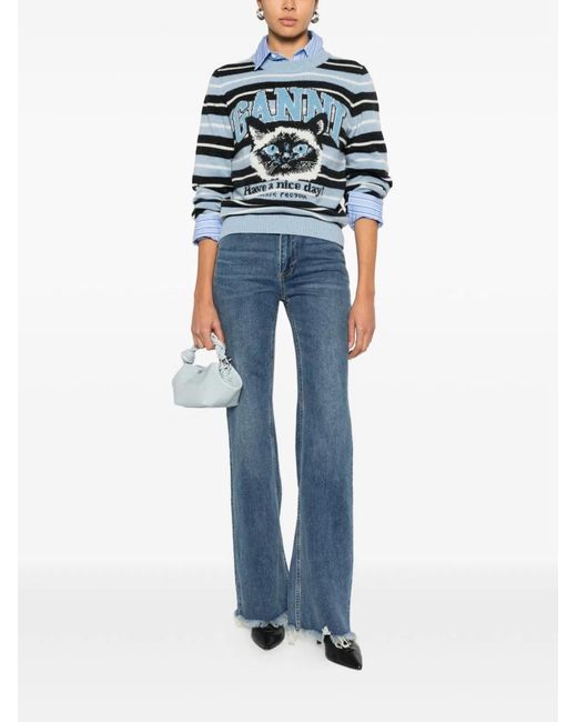 Ganni Blue Wool Crewneck Sweater