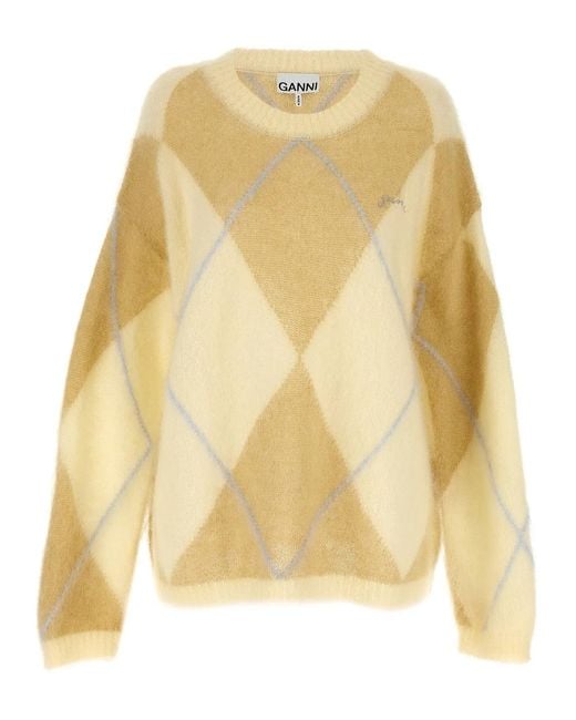 Ganni Yellow Logo Embroidery Diamond Sweater