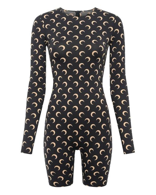 MARINE SERRE Black "Moon" Printed Jersey Long Sleeves Short Catsuit