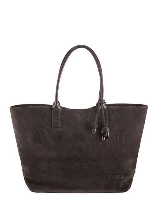 Hogan Black Suede Shopping Bag With Embossed Logo