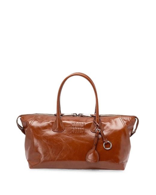 Miu Miu Brown Logo-Embossed Leather Tote Bag
