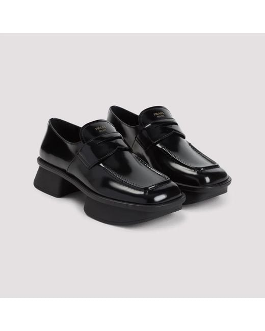 Prada Black Elegant Leather Loafers With 4Cm Heel