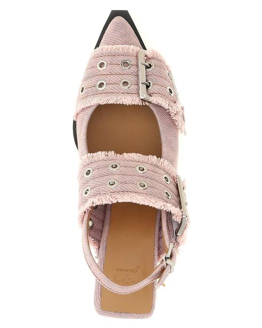 Ganni Pink 'Feminine Buckle Fringed Denim' Slingback