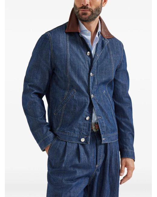 Brunello Cucinelli Blue Lightweight Denim Jacket With Leather Collar for men