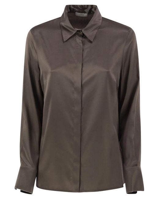 Peserico Brown Stretch Silk Shirt With Concealed Button Fastening