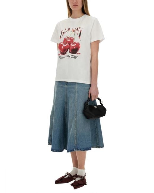 Ganni Gray Printed Cotton T-Shirt