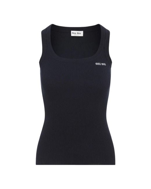 Miu Miu Blue Logo-Embroidered Ribbed-Knit Top